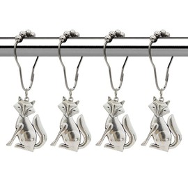 Decorative Fox Shower Curtain Hooks for Bathroom, Rust Proof Stainless Steel Curtain Rings, Decor Shower Hook Set of 12 with Fox Animal Pendant Accessory Set for Bath Room Bedroom Living Room (Silver)