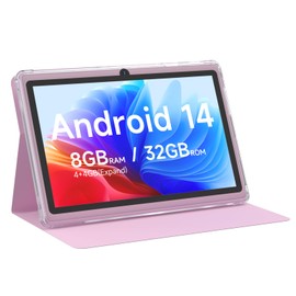 Android 14 Tablet 7 inch Tablets with Case, 8GB RAM 32GB ROM 1TB Expand, Quad-Core Processor Tablet PC, 1024 x 600 IPS Screen, Dual Camera, 3000mAh Battery, Bluetooth, WiFi, GMS, Widevine L1, Pink