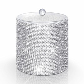 Svpolns Bling Round Dispenser Stackable Apothecary Jar with Clear Lid ,Qtip Hold Bathroom Containers Cotton Ball & Swab Canister Vanity Organizer for Q-tip Cotton Round, Floss, Makeup Pads (2-Tier)