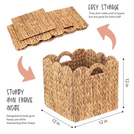 Set of 4 Foldable Scalloped Water Hyacinth Storage Cubes Basket, Storage Cube Bins -12"x12"x12", Collapsible Cube Organizers, Water Hyacinth Woven Bins for Bathroom, Bedroom, Laundry, Pantry, Shelves