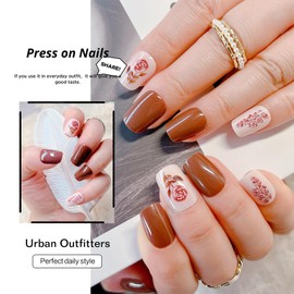 Short Square Press on Nails Brown Full Cover Fake Nails Creamy White False Nails with Rose Designs Glossy Acrylic Nails Glue on Nails Reusable Stick on Nails Gel Nail Strips for Women Girls 24 Pcs