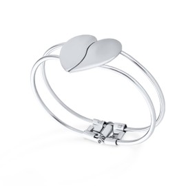 Bling Jewelry Customize Personalize Initials Romantic Friendship Love Split Heart Wide Bracelets Bangle Cuff Bracelet for Women for Teens Silver Tone Metal Hinge Opening