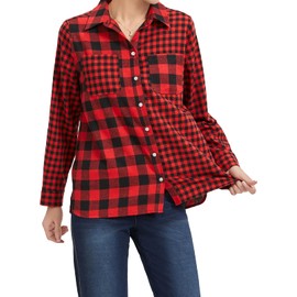 Women's Plaid Blouse, Long Sleeve Button Down CANUAL (US, Alpha, Small, Regular, Regular, KYAL-2024025-Red)