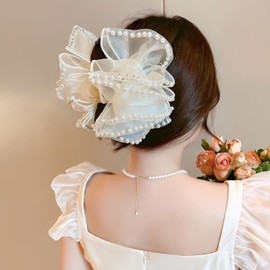 Rannyrena Large Bow Chiffon Silk Hair Clips for Women Pearl Mesh Bubble Hair Barrettes for Thick Thin Hair Elegant Feather Claw Clips Hair Accessories (Organze Pearl White)