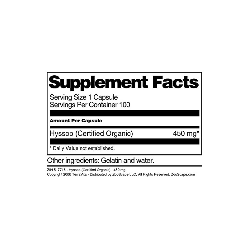Hyssop (Certified Organic) - 450 mg (100 Capsules, ZIN: 517716)