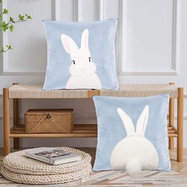IHClink Pack of 2 Rabbit Easter Cushion Covers, Easter Decoration, Spring Seasonal Decorative Cushion Cover Couch with 3D Embroidered Appliqué Rabbit Decorative Cushion Cover Spring 45 x 45 cm