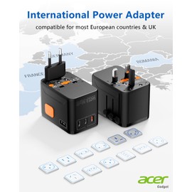 Acer 45W GaN Universal Travel Plug Adapter - International Power Adapter with 3 USB C & 1 USB A, Worldwide Power Outlet Travel Essentials for USA to European UK AUS Ireland, Type C/G/I/A, Black