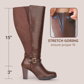 Chicblooms Women's Plus Size Extra Wide Calf High Heel Dress Boots with Ankle Buckle,Brown Suede,10 M US