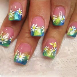 Flowers Press on Nails Short Square Fake Nails Spring Floral Acrylic Nails with Blue Green Gradient Artificial Nails French False Nails for Women Manicure Nails Decoration 24Pcs