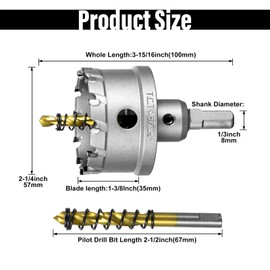 SALI 2-1/4" (57mm) TCT Hole Saw Kit Tungsten Carbide Tipped Hole Saw Drill Bit with Titanium-Plated Pilot Drill bit for Metal, Stainless Steel, Iron, Plastic