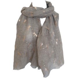 GlamLondon Dragonfly Pattern Scarf Shawl Latest Glitter Rose Gold Foil Dragonflies (Silver Grey)