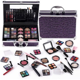 Kit de Maquillaje Completo para Adolescentes y Mujeres, Estuche de Maquillaje tipo Train Case con Set de Cosméticos para Principiantes, Caja de Regalo de Navidad con Sombras de Ojos, Brillo Labial, Iluminador, Rubor, Lápices para Labios y Ojos, Brochas y 