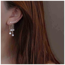Yheakne Boho Star Ear Jacket Earrings Silver CZ Star Ear Climber Earrings Crystal Chain Tassel Earrings Crystal Ear Crawler Long Chain Earrings Jewellery for Women and Girls Gifts (Silver), Alloy