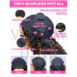 V SHOW Wear Go Glueless Half Wig Human Hair 1B/30 Highlight Water Wave 3 In 1 Curly Half Wigs 180% Density Drawstring Seamless Fit Strap Flip Over Headband Wig 24 Inch Beginner Friendly