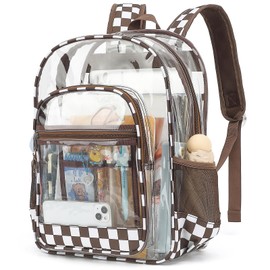 Dezcrab Clear Backpack for School Girls Boys, Heavy Duty Transparent Backpack Kids See-Through Clear Bookbag (Checkered Brown)