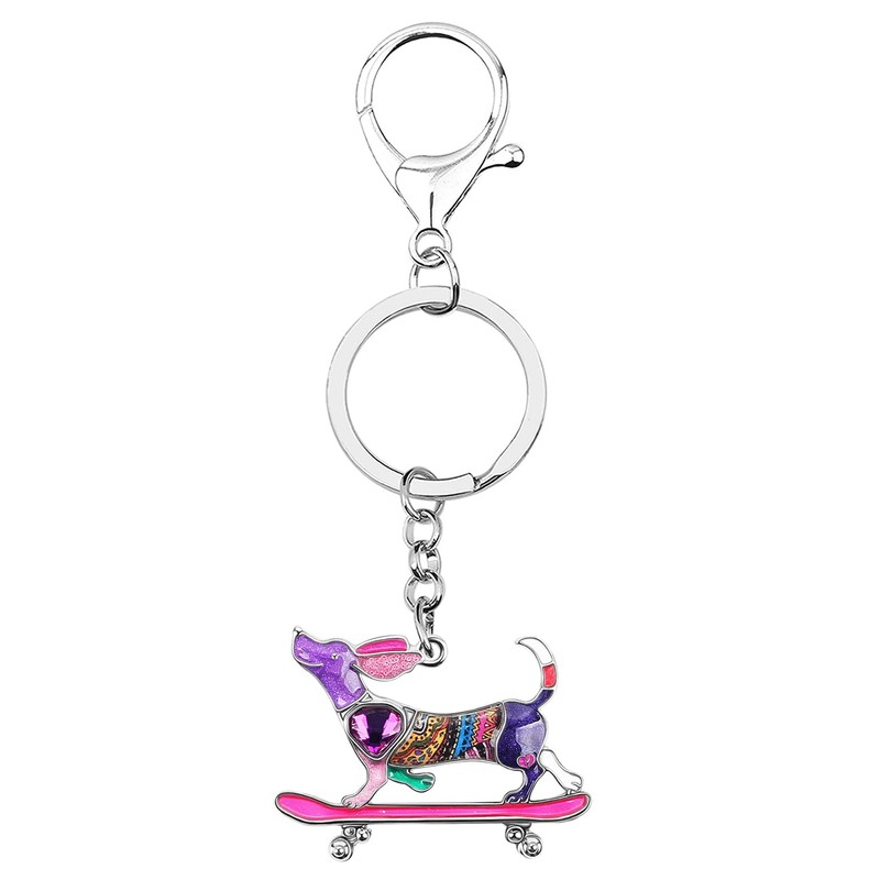 DALANE Enamel Crystal Skateboard Dachshund Keychains Dog Key Ring Pets