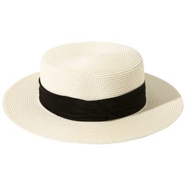 Lanzom Sun Hats for Women Wide Brim Straw Boater Hat Foldable Packable Beach Hat for Summer (Ivory White, Medium)