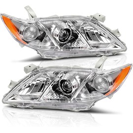 AUTOSAVER88 Projector Headlight Assembly Compatible with 2007 2008 2009 Camry 07 08 09 Camry (Exclude Hybrid) Replacement Headlamps Left and Right Pair Chrome Housing Amber Reflector Clear Lens