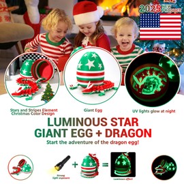 Large 3D Printed Glow-in-the-Dark Stars and Stripes Element Dragon Egg with Christmas Theme -19 inch 3D luminous Dragon Festive Decor,Cool Dino Eggs Fidget Toy Dragon Gift for Kids Boys Teen Girls