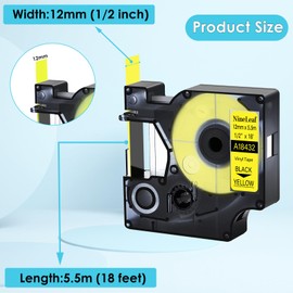 NineLeaf 5 Pack Compatible Industrial Label Tape Replacement for DYMO Rhino 18432 Black on Yellow 12mm Vinyl Permanent Label Tapes 1/2" x 18' for Rhino 5200 4200 1000 3000 5000 6000 Label Makers