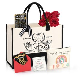 50th Birthday Gifts for Her Tote Bag Birthday Gifts for Women Turning 50 Vintage 1974 50 Years Old Gifts for Mom Wife Sister 1974 Canvas Tote Bag Makeup Bag Pearl Necklace 1974 Poster Gifts for Her
