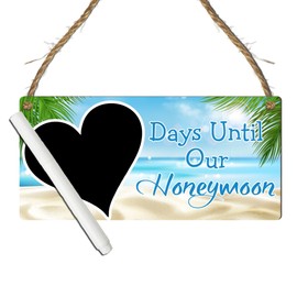 Days Until Our Honeymoon Countdown Plaque | Romantic Honeymoon Countdown Sign | Unique Engagement Gift, Wedding Present, Bridal Shower Keepsake. (Blue, With Pen)