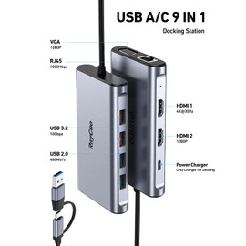 RayCue USB Docking Station, Dual Monitor, 9 in 1 USB-A 3.0/USB-C Docking Station, Triple Monitor with 2 HDMI, VGA, 10Gbps USB 3.1, Gigabit Ethernet, Triple Display for Mac & MacBook & Windows