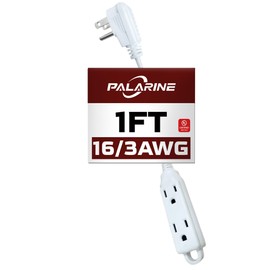 PALARINE Flat Plug Extension Cord with 3 Outlets Extender, Indoor Extension Cord Power Strip, 16 Gauge 1FT White 3 Prong, 16/3 SPT-3 13A, UL Listed
