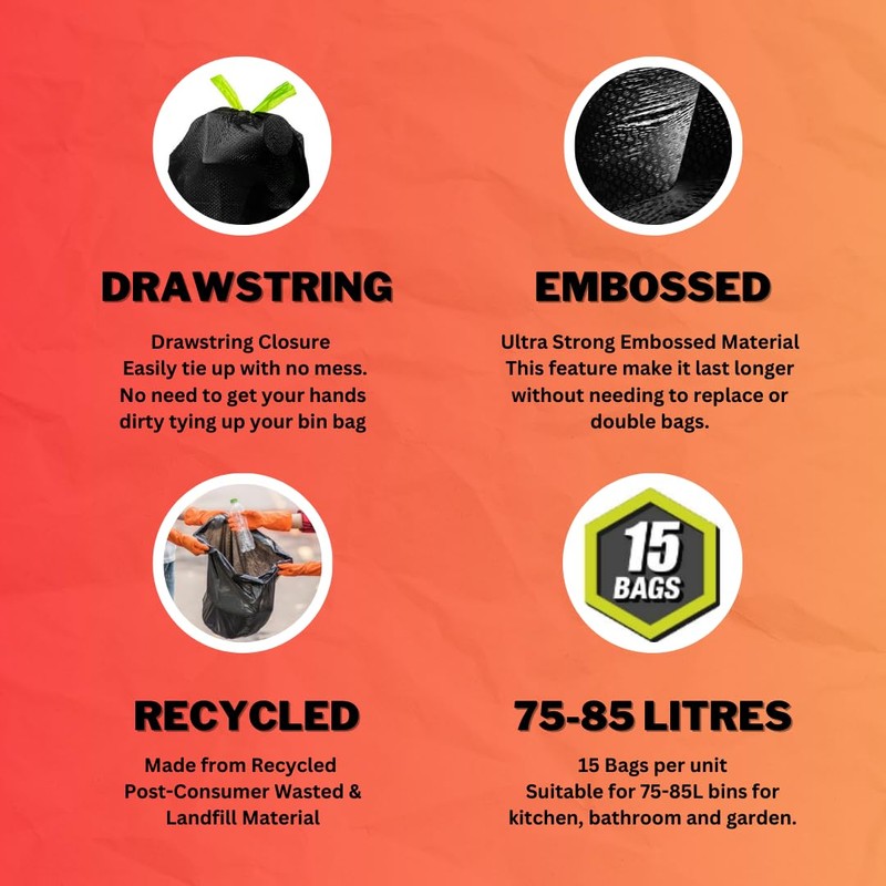 Hero Ultra Strong Black Embossed Drawstring Bin Bags 75-85L -