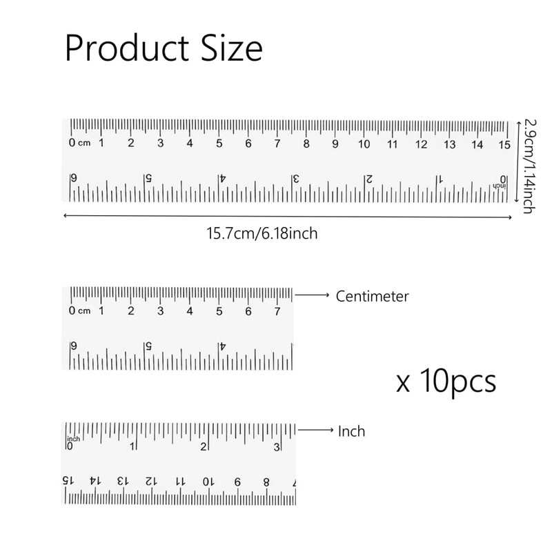 10Pcs 15cm Clear Plastic Rulers - 6 Inch Shatterproof, Transparent