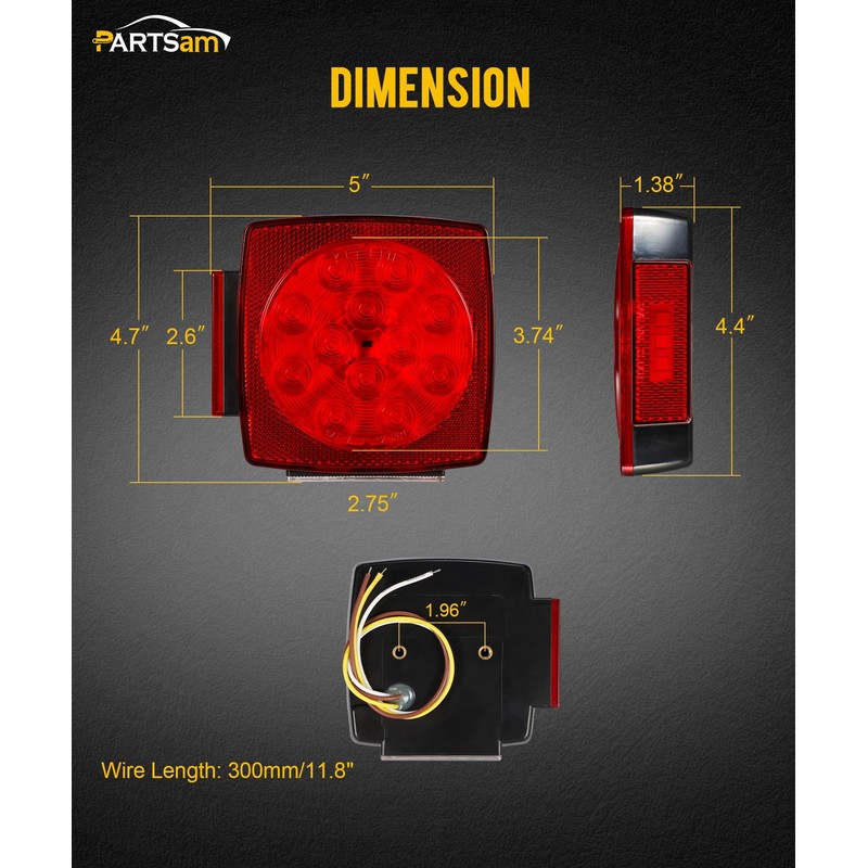 Partsam Pair Slim Square LED Trailer Light Submersible Tail Lights