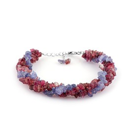 CRYSTALIS Natural Tanzanite & Pink-Tourmaline Beads Braided Rope Crystals Bracelet, Chips Nuggets Beaded Gemstones, Chakra Healing Stones, Womens Gift Jewelry, 925 Sterling Silver Bracelet 8 inch