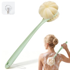 Back Scrubber for Shower, 15.7" Loofah with Handle, Back Shower Brush with Bristles and Loofah, Dry Brushing Body Brush for Cleanse Back and Hard to Reach Areas with Curved Long Handle