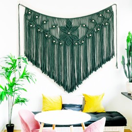 Youngeast Home Decor Leaf Shape Macrame Wall Hanging Woven Tapestry Bedroom Curtain Fringe Garland Banner Living Room Wall Decor Dark Green 39X31 inches