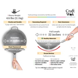 Craft Wok Traditional Hand Hammered Chinese Carbon Steel Wok with Wooden and Steel Helper Handle (14 Inch, Round Bottom Pow Wok Pan) / 731W88
