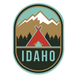 Die Cut Sticker Idaho, Tent and Mountains, Contour Vinyl Sticker 1 to 3 inches (Waterproof Decal for Cars, Water Bottles, Laptops, Coolers), Small