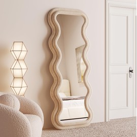 BOJOY Full Length Irregular Wavy Mirror 63"x24", Arched Floor Mirror Standing Hanging or Leaning Against Wall for Bedroom, Flannel Wrapped Wooden Frame -Light Coffee