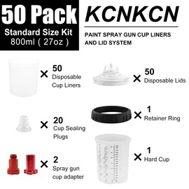 KCNKCN Disposable Paint Spray Gun Cup Liners & Lid System, 50 Standard 27 Ounce (800ml) Kit - 190 Mic- 50 Cup Liners, 50 Lids with Strainer, 1 Hard Cup with Retainer Ring 20 Plugs,2 Cup Adapters