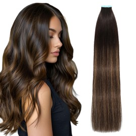 Lveyan Tape in Hair Extensions Human Hair, 18 Inch Natural Black to Choclolate Brown/Black Remy Human Hair Skin Weft 20pcs 50g/pack Invisible Tape in Hair Extensions (#T1B-P4/1B, 18 Inch)