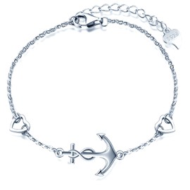 MicLee Bracelet elegant for womens and girls, 925 sterling silver bracelets, Classic Anchor bracelet, link with heart, symbol of courage, protection and strength, adjustable chain, silver