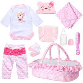 9 PCS Reborn Baby Doll Clothes Set with Pink Bassinet Accessories for 18-22 Inch Reborn Dolls,Newborn Baby Doll Clothes & Blanket