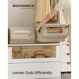 SONGMICS Stackable Storage Bins Set of 2, Storage Boxes with Lids and Front Windows, Non-Woven Fabric Closet Organizers with Magnetic Closures, Side Handles, Sand Beige URLB002Y01