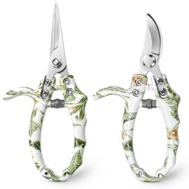 Garden Pruning Shears 2 Pack, Bypass Pruning Shears and Straight Garden Scissors, Easy Lock, Floral Patterns, Professional Garden Clippers for Plants and Flowers (Bypass and Straight)