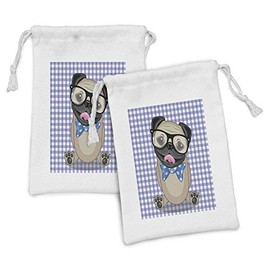 Ambesonne Pug Fabric Pouch Set of 2, Nerdy Glasses and Dotted Bow Tie on a Puppy Pug with a Checkered Backdrop, Small Drawstring Bag for Toiletries Masks and Favors, 9" x 6", Sand Brown Black Blue