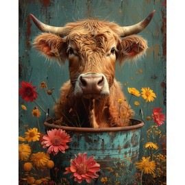TISHIRON Paint by Numbers for Adults, Cow Sitting Bucket with Flowers Paint by Numbers, Flowers Adults' Paint-by-Number Kits, 16X20 Inch Frameless Cow Paint by Numbers