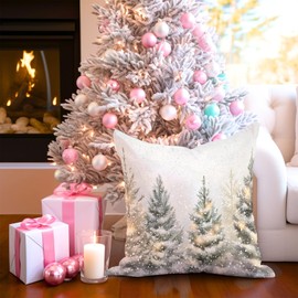 Christmas Tree Pillow Cover 18x18 – Vintage Snowy Pine Winter Decor Throw Pillow Case – Farmhouse Holiday Cushion Cover for Sofa or Couch