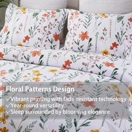 Vaulia Soft Microfiber Floral Duvet Cover Queen Size, Blue and Red Botanical Print Pattern, Lightweight Design, 3-Piece Set (1 Duvet Cover 2 Pillow Shams)