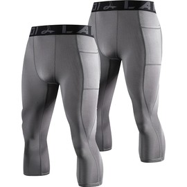 LAFROI Men's 2-Pack Compression Fit 3/4 Tights Leggings with Pcoket/Non-Pocket-YSK10 Pocket Grey Size L