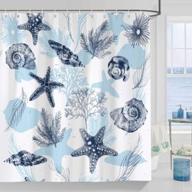 Coastal Beach Shower Curtian, Starfish Coral Seashell Seashell Navy Blue Underwater World Marine Life Ocean Shower Curtain Sets, Waterproof Fabric Bathroom Accessory Decor Set with Hooks, 72 x 72