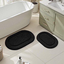 HOMEIDEAS Bathroom Rugs Sets 2 Piece, Soft Bathroom Mats and Absorbent Microfiber Machine Washable Bath Mats for Shower Room, Bathtub, Kitchen, Oval (20" x 32" + 16" x 24", Black)
